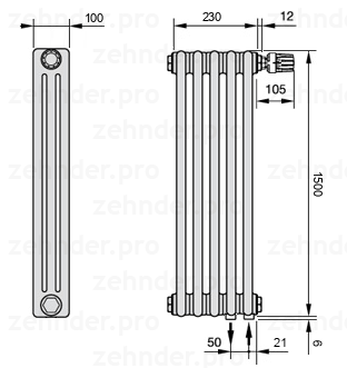 Схема (чертеж) Радиатор Zehnder Charleston 3150/5 №V002 Белый глянцевый RAL 9016